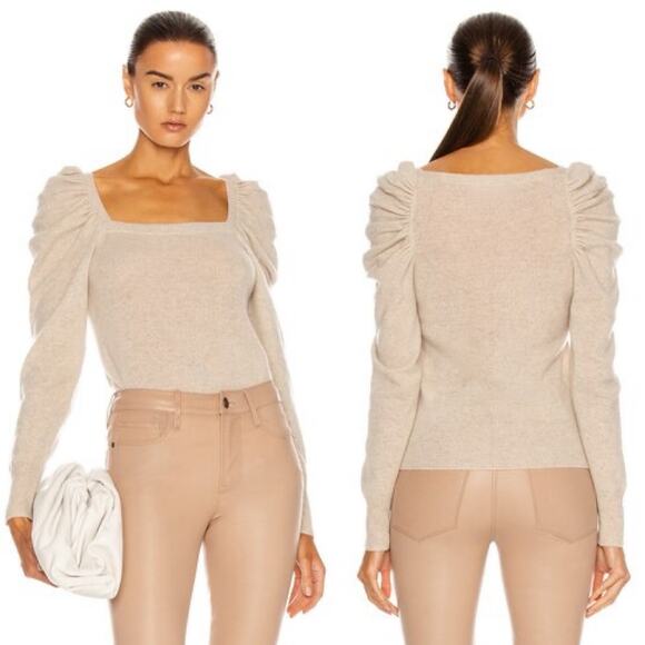 Frame Femme Square Neck Cashmere Sweater Oatmeal Beige Size Small Puff Sleeves - Picture 1 of 6